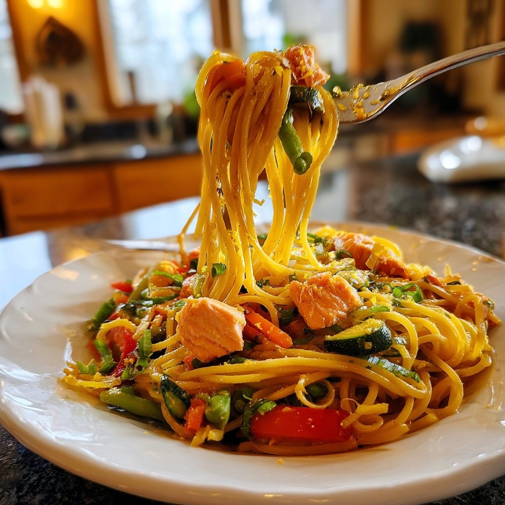 Pasta Primavera with Honey-Citrus Salmon