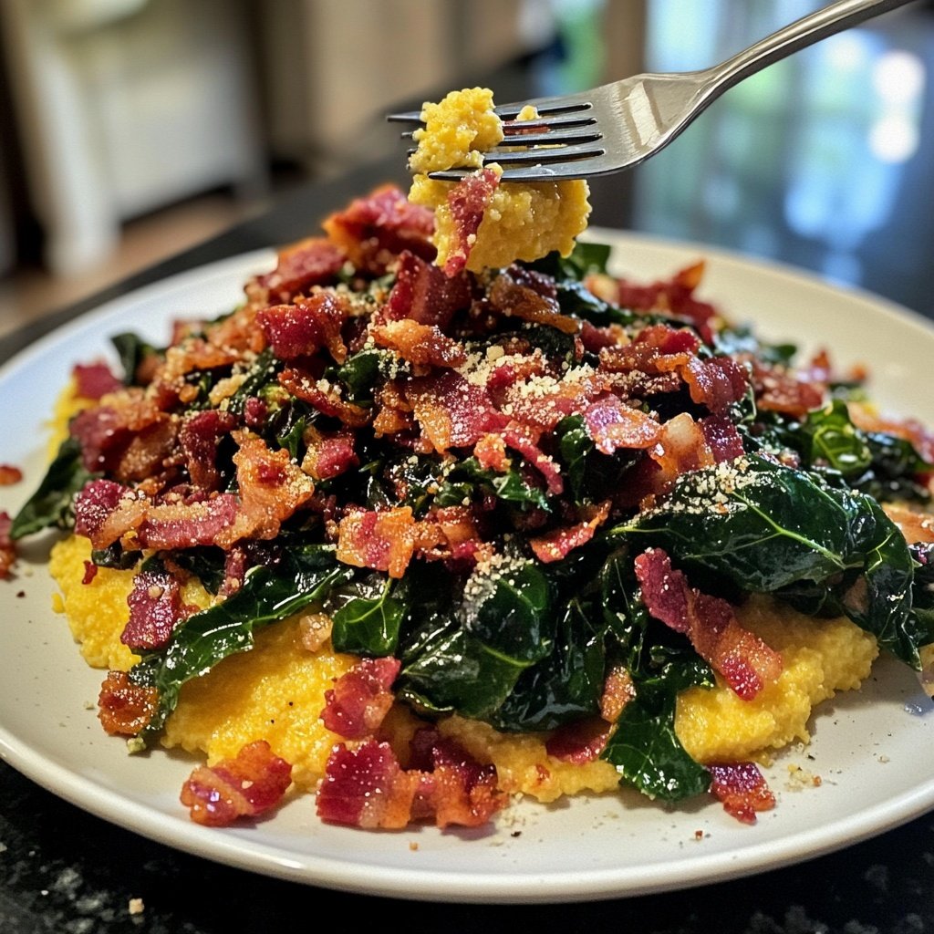 Spicy Rainbow Chard with Bacon and Polenta