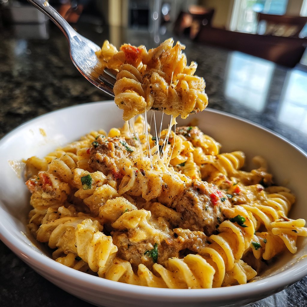 One Pot Creamy Cajun Sausage Pasta with Cheddar